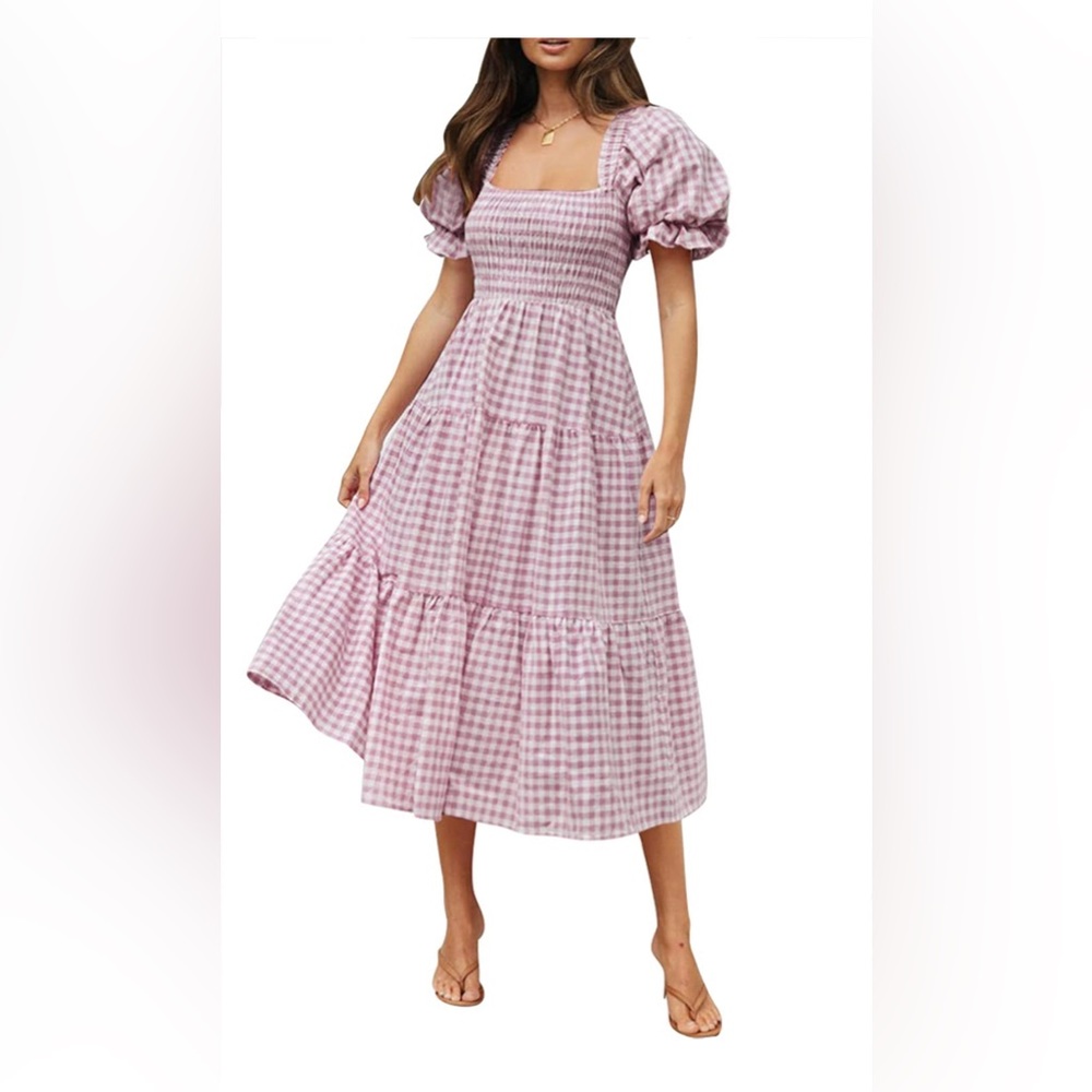 NWT Bohemian Summer Plaid Square Neck Puff Sleeve Ruffle Flowy Beach Midi Dress